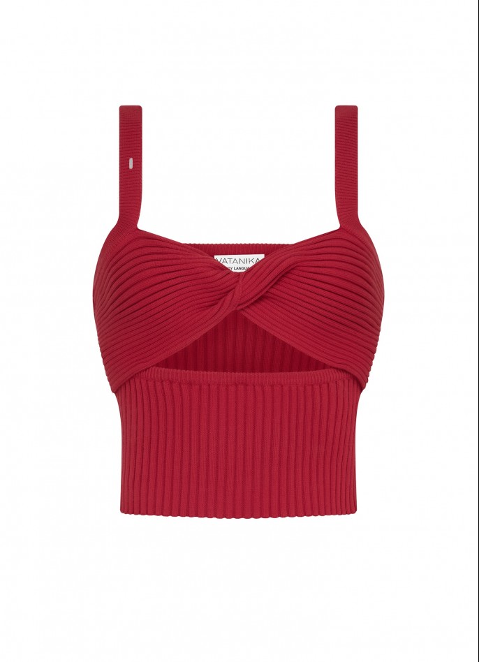 RIBBED KNIT TWIST CROP TOP - RED